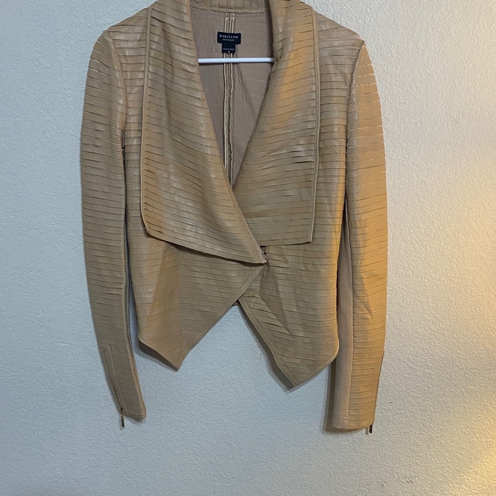 Marciano Beige Ribbed Draped Open-Front 100% Lamb Leather